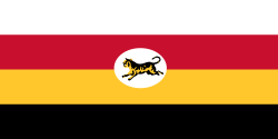 Flag of four stripes along the fly coloured white, red, yellow and black respectively. In the middle is a white oblong circle with a Malayan tiger in it.