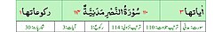 Qurʼon nusxalaridan biridagi Nasr surasi sarlavhasi. Yuqorida oʻngdan: 1. Oyati 3, 2. Markazda qizil rangda sura tartib raqami 110, qora rangda - Nasr surasi va Madaniy, qizil rangda nozil boʻlgan tartibi - 114, 3. Rukuʼsi soni - 1; Pastda oʻngdan: 1. Sura:Madaniy, 2. Tilovat tartibi:110, 3. Nozil boʻlish tartibi:114, 4. Rukuʼsi:1, 5. Oyati:3, 6. Porasi (Juzi):30 deb koʻrsatilgan.