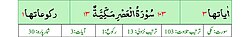Qurʼon nusxalaridan biridagi Asr surasi sarlavhasi. Yuqorida oʻngdan: 1. Oyati 3, 2. Markazda qizil rangda sura tartib raqami 103, qora rangda - Asr surasi va Makkiy, qizil rangda nozil boʻlgan tartibi - 13, 3. Rukuʼsi soni - 1; Pastda oʻngdan: 1. Sura:Makkiy, 2. Tilovat tartibi:103, 3. Nozil boʻlish tartibi:13, 4. Rukuʼsi:1, 5. Oyati:3, 6. Porasi (Juzi):30 deb koʻrsatilgan.