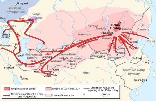 Map of Central Asian Mongol campaigns between 1216 and 1223.