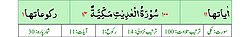 Qurʼon nusxalaridan biridagi Adiyat surasi sarlavhasi. Yuqorida oʻngdan: 1. Oyati 11, 2. Markazda qizil rangda sura tartib raqami 100, qora rangda - Adiyat surasi va Makkiy, qizil rangda nozil boʻlgan tartibi - 14, 3. Rukuʼsi soni - 1; Pastda oʻngdan: 1. Sura:Makkiy, 2. Tilovat tartibi:100, 3. Nozil boʻlish tartibi:14, 4. Rukuʼsi:1, 5. Oyati:11, 6. Porasi (Juzi):30 deb koʻrsatilgan.