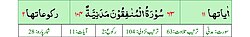 Qurʼon nusxalaridan biridagi Munofiqun surasi sarlavhasi. Yuqorida oʻngdan: 1. Oyati 11, 2. Markazda qizil rangda sura tartib raqami 63, qora rangda - Munofiqun surasi va Madaniy, qizil rangda nozil boʻlgan tartibi - 104, 3. Rukuʼsi soni - 2; Pastda oʻngdan: 1. Sura:Madaniy, 2. Tilovat tartibi:63, 3. Nozil boʻlish tartibi:104, 4. Rukuʼsi:2, 5. Oyati:11, 6. Porasi (Juzi):28 deb koʻrsatilgan.