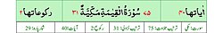 Qurʼon nusxalaridan biridagi Qiyomat surasi sarlavhasi. Yuqorida oʻngdan: 1. Oyati 40, 2. Markazda qizil rangda sura tartib raqami 75, qora rangda - Qiyomat surasi va Makkiy, qizil rangda nozil boʻlgan tartibi - 31, 3. Rukuʼsi soni - 2; Pastda oʻngdan: 1. Sura:Makkiy, 2. Tilovat tartibi:75, 3. Nozil boʻlish tartibi:31, 4. Rukuʼsi:2, 5. Oyati:40, 6. Porasi (Juzi):29 deb koʻrsatilgan.