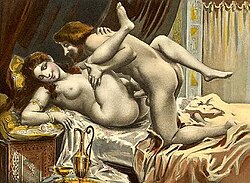 Sexual intercourse in the missionary position depicted by Édouard-Henri Avril (1892), depicting a man inserting his penis into womanʼs vagina