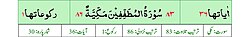 Qurʼon nusxalaridan biridagi Mutaffifin surasi sarlavhasi. Yuqorida oʻngdan: 1. Oyati 36, 2. Markazda qizil rangda sura tartib raqami 83, qora rangda - Mutaffifin surasi va Makkiy, qizil rangda nozil boʻlgan tartibi - 86, 3. Rukuʼsi soni - 1; Pastda oʻngdan: 1. Sura:Makkiy, 2. Tilovat tartibi:83, 3. Nozil boʻlish tartibi:86, 4. Rukuʼsi:1, 5. Oyati:36, 6. Porasi (Juzi):30 deb koʻrsatilgan.