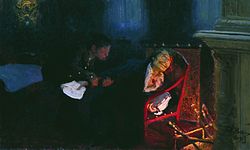 „Oʻlik ruhlar“ning ikkinchi qismi qoʻlyozmasini yoqayotgan Gogol (1909)
