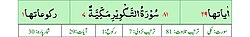 Qurʼon nusxalaridan biridagi Takvir surasi sarlavhasi. Yuqorida oʻngdan: 1. Oyati 29, 2. Markazda qizil rangda sura tartib raqami 81, qora rangda - Takvir surasi va Makkiy, qizil rangda nozil boʻlgan tartibi - 7, 3. Rukuʼsi soni - 1; Pastda oʻngdan: 1. Sura:Makkiy, 2. Tilovat tartibi:81, 3. Nozil boʻlish tartibi:7, 4. Rukuʼsi:1, 5. Oyati:29, 6. Porasi (Juzi):30 deb koʻrsatilgan.