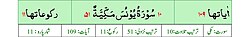Qurʼon nusxalaridan biridagi Yunus surasi sarlavhasi. Yuqorida oʻngdan: 1. Oyati 109, 2. Markazda qizil rangda sura tartib raqami 10, qora rangda - Yunus surasi va Makkiy, qizil rangda nozil boʻlgan tartibi - 51, 3. Rukuʼsi soni - 11; Pastda oʻngdan: 1. Sura:Makkiy, 2. Tilovat tartibi:10, 3. Nozil boʻlish tartibi:51, 4. Rukuʼsi:11, 5. Oyati:109, 6. Porasi (Juzi):11 deb koʻrsatilgan.
