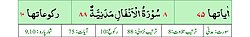Qurʼon nusxalaridan biridagi Anfol surasi sarlavhasi. Yuqorida oʻngdan: 1. Oyati 75, 2. Markazda qizil rangda sura tartib raqami 8, qora rangda - Anfol surasi va Madaniy, qizil rangda nozil boʻlgan tartibi - 88, 3. Rukuʼsi soni - 10; Pastda oʻngdan: 1. Sura:Madaniy, 2. Tilovat tartibi:8, 3. Nozil boʻlish tartibi:88, 4. Rukuʼsi:10, 5. Oyati:75, 6. Porasi (Juzi):9-10 deb koʻrsatilgan.