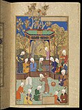 Tunggi ziyofat. Safaviylar miniaturasi (Mirzo Ali boʻlishi mumkin) Boʻstonning temuriylar nusxasiga ilova qilingan. Tabriz, tax. 1540. Chester Beatty kutubxonasi