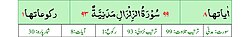 Qurʼon nusxalaridan biridagi Zalzala surasi sarlavhasi. Yuqorida oʻngdan: 1. Oyati 8, 2. Markazda qizil rangda sura tartib raqami 99, qora rangda - Zalzala surasi va Madaniy, qizil rangda nozil boʻlgan tartibi - 93, 3. Rukuʼsi soni - 1; Pastda oʻngdan: 1. Sura:Madaniy, 2. Tilovat tartibi:99, 3. Nozil boʻlish tartibi:93, 4. Rukuʼsi:1, 5. Oyati:8, 6. Porasi (Juzi):30 deb koʻrsatilgan.
