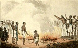 Engraving of a woman preparing to self-immolate with her husband’s corpse