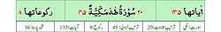 Qurʼon nusxalaridan biridagi Toha surasi sarlavhasi. Yuqorida oʻngdan: 1. Oyati 135, 2. Markazda qizil rangda sura tartib raqami 20, qora rangda - Toha surasi va Makkiy, qizil rangda nozil boʻlgan tartibi - 45, 3. Rukuʼsi soni - 8; Pastda oʻngdan: 1. Sura:Makkiy, 2. Tilovat tartibi:20, 3. Nozil boʻlish tartibi:45, 4. Rukuʼsi:8, 5. Oyati:135, 6. Porasi (Juzi):16 deb koʻrsatilgan.
