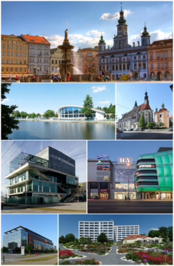 Yuqoridan: Ottokar II maydoni, shahar suzish stadioni, Sankt-Peterburg sobori. Nicholas, Máj centre, IGY savdo markazi, Janubiy Chexiya universitetining falsafa fakulteti, mintaqaviy shifoxona